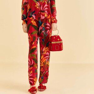 Farm Rio Red Rooster Leaves Long Sleeve Pants - Size S